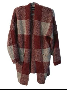 Hemish Open -Front Buffalo Check Cardigan Coatigan - Burgundy and Gray M